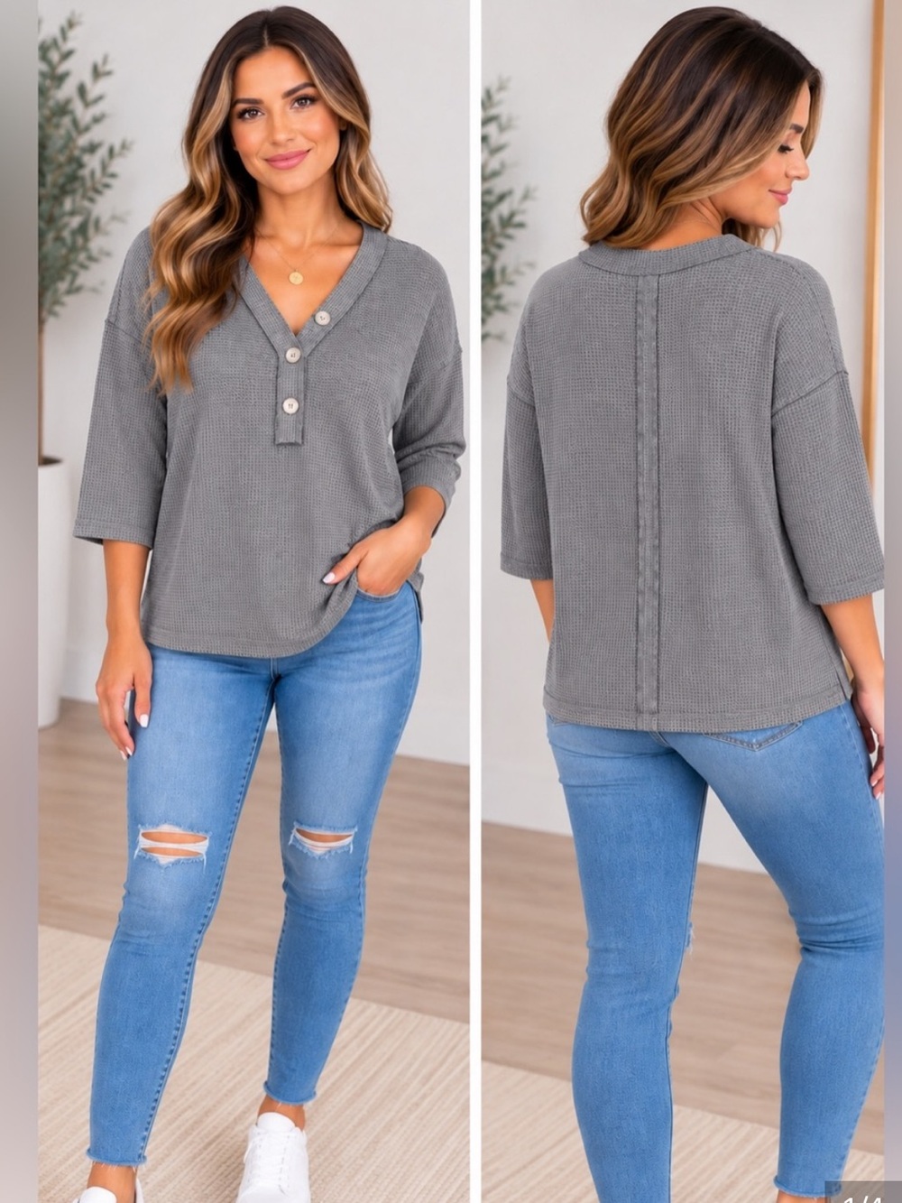 ANDREE BY UNIT Gray Waffle Henley Knit Top
